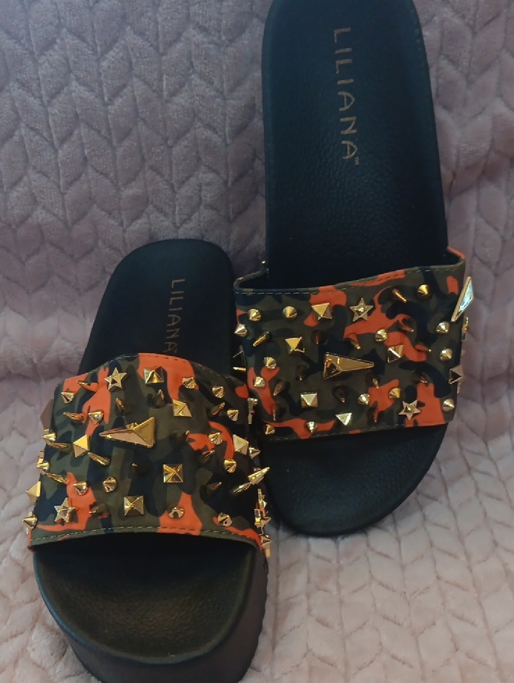 Liliana Orange and Black Studded Camo Slide Sandals